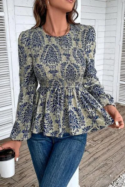 Work To Vacation Smocked Long Sleeve Peplum Blouse