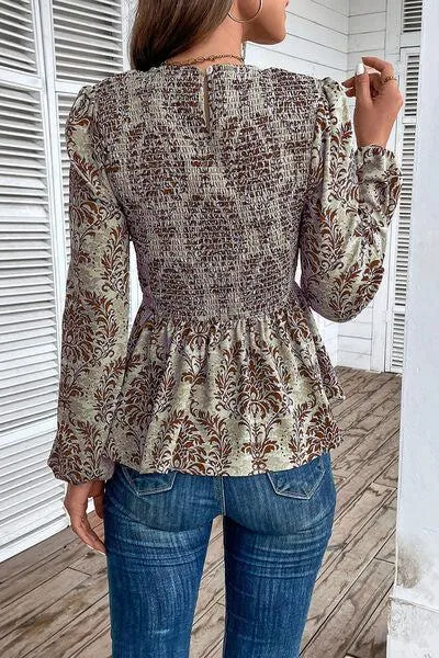 Work To Vacation Smocked Long Sleeve Peplum Blouse