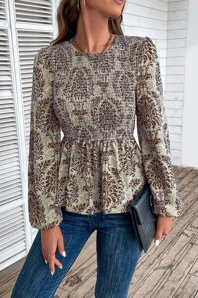 Work To Vacation Smocked Long Sleeve Peplum Blouse