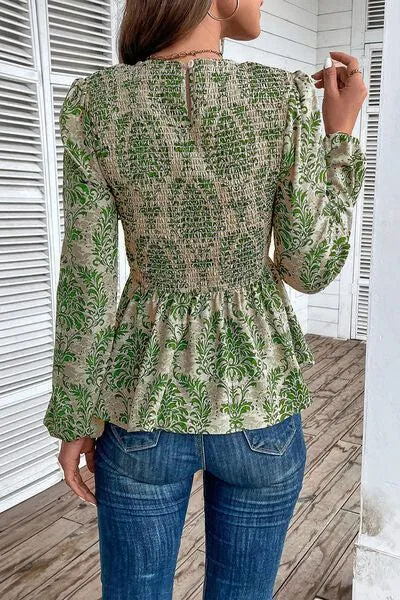 Work To Vacation Smocked Long Sleeve Peplum Blouse