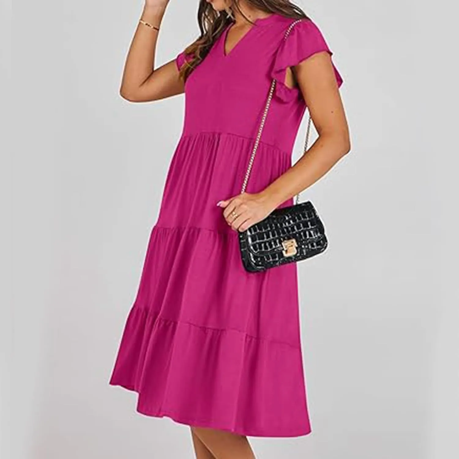yardsong Summer Dresses for Women 2025 Trendy Ruffle Sleeve V Neck Midi Dress Casual Flowy Tiered Boho Vacation Sundresses
