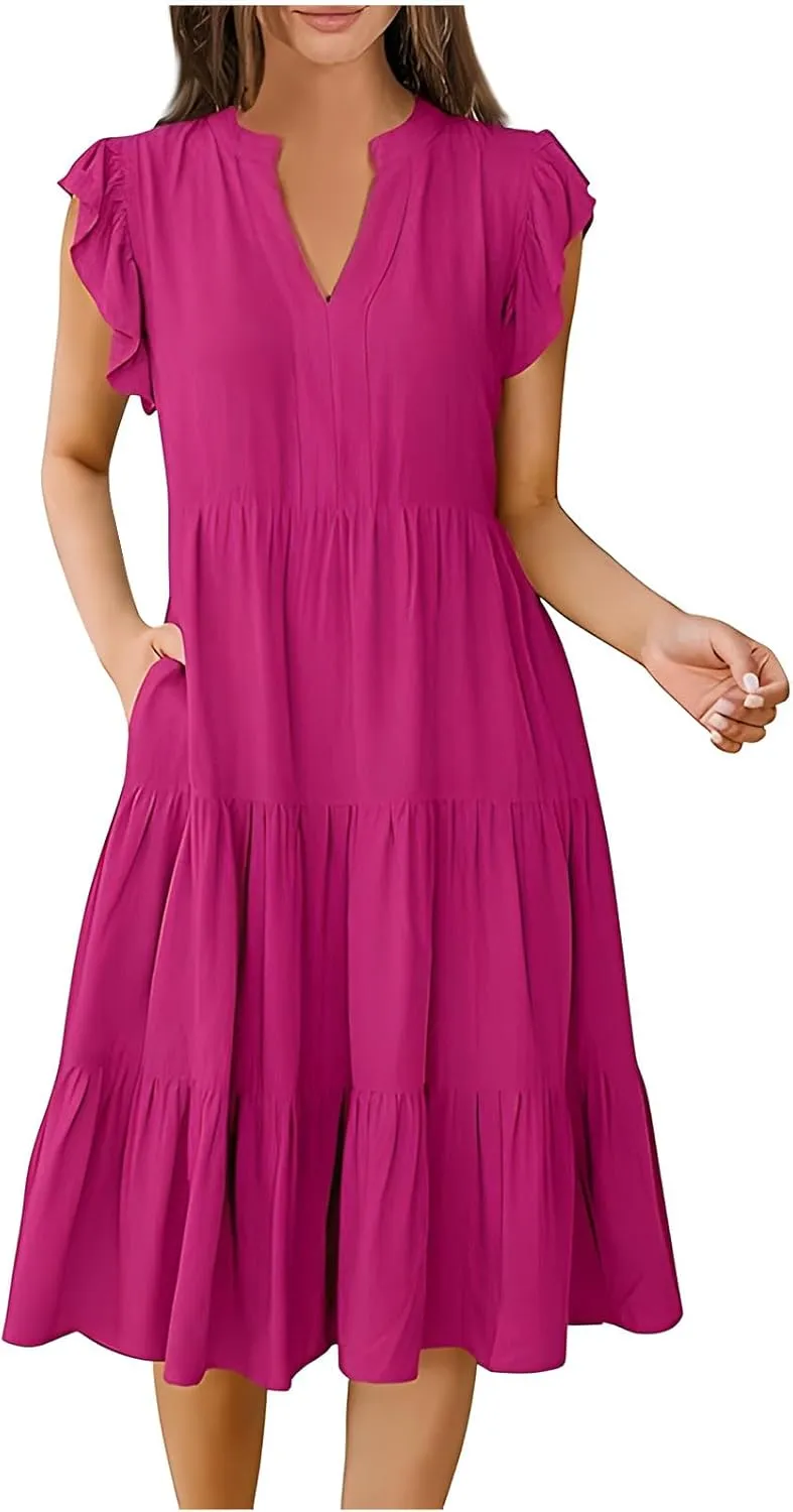 yardsong Summer Dresses for Women 2025 Trendy Ruffle Sleeve V Neck Midi Dress Casual Flowy Tiered Boho Vacation Sundresses