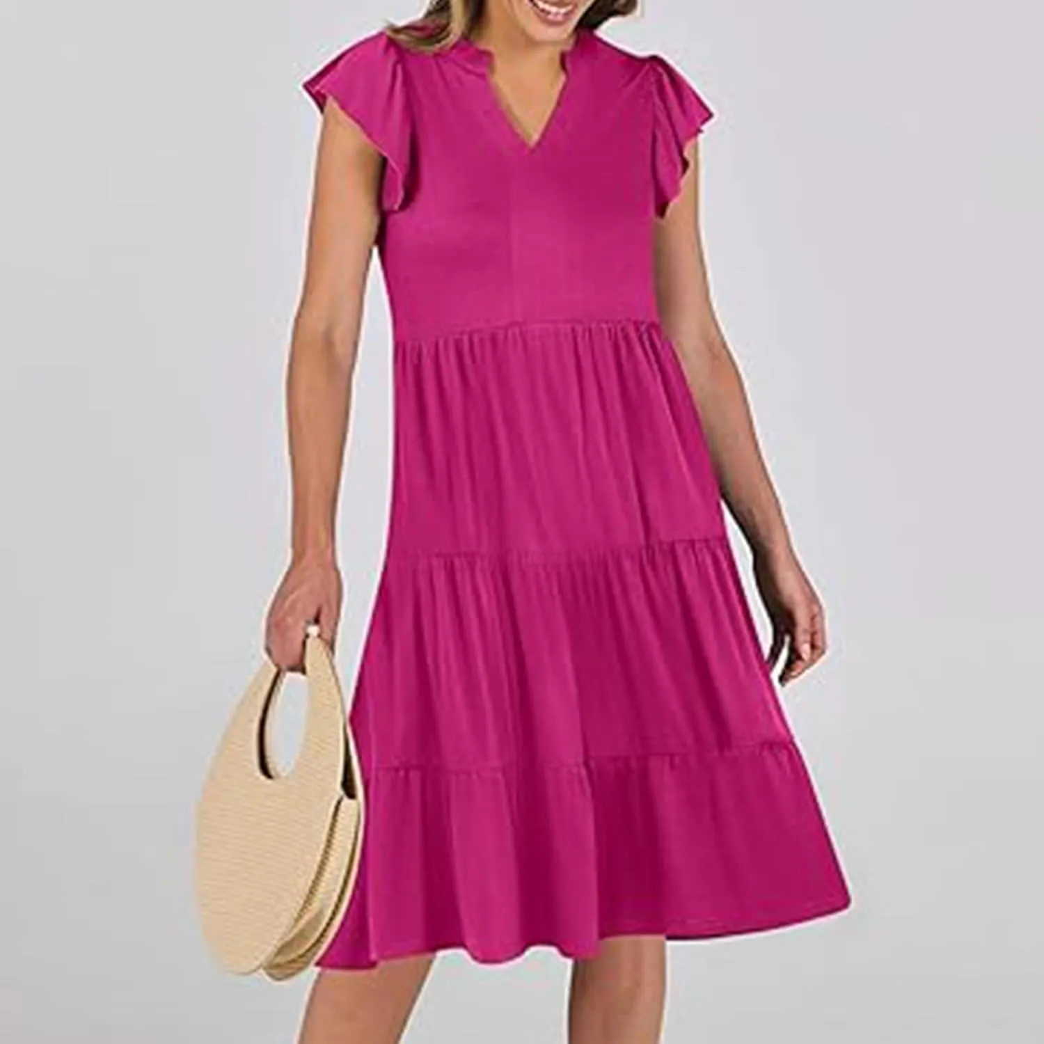 yardsong Summer Dresses for Women 2025 Trendy Ruffle Sleeve V Neck Midi Dress Casual Flowy Tiered Boho Vacation Sundresses