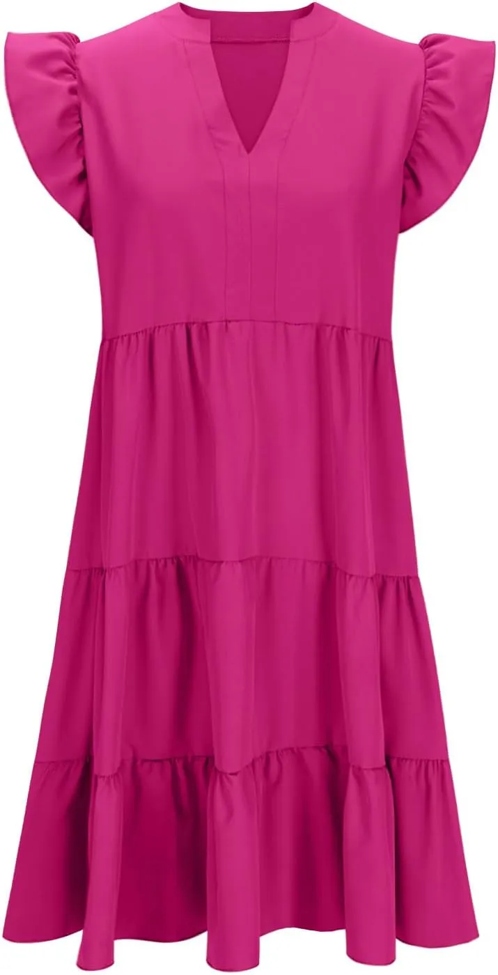 yardsong Summer Dresses for Women 2025 Trendy Ruffle Sleeve V Neck Midi Dress Casual Flowy Tiered Boho Vacation Sundresses