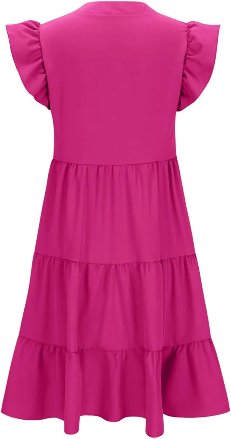 yardsong Summer Dresses for Women 2025 Trendy Ruffle Sleeve V Neck Midi Dress Casual Flowy Tiered Boho Vacation Sundresses